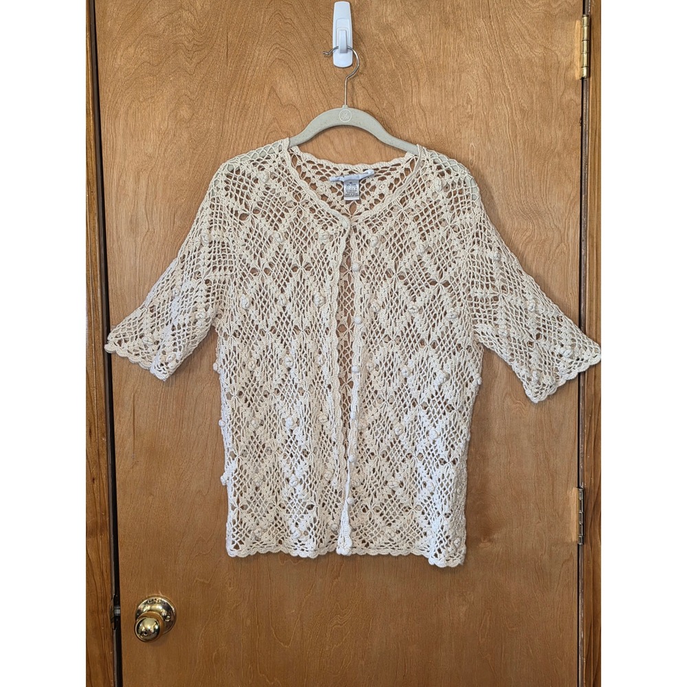 VTG Y2K Hampshire Studio Cream Crochet Cardigan XL Ramie Cotton Open Knit Boho
